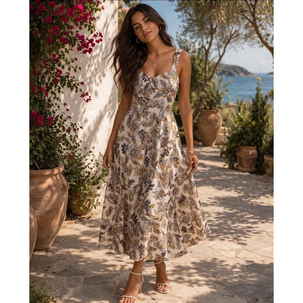 Coastal Sundress resort Sleeveless Midi Dress Floral Linen Blend Smocked Back S